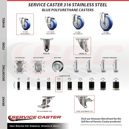 Service Caster 3 Inch 316SS Blue Poly Swivel 1-1/4 Inch Expanding Stem Caster Lock Brake SCC SCC-SS316TTLEX20S314-PPUB-BLUE-114